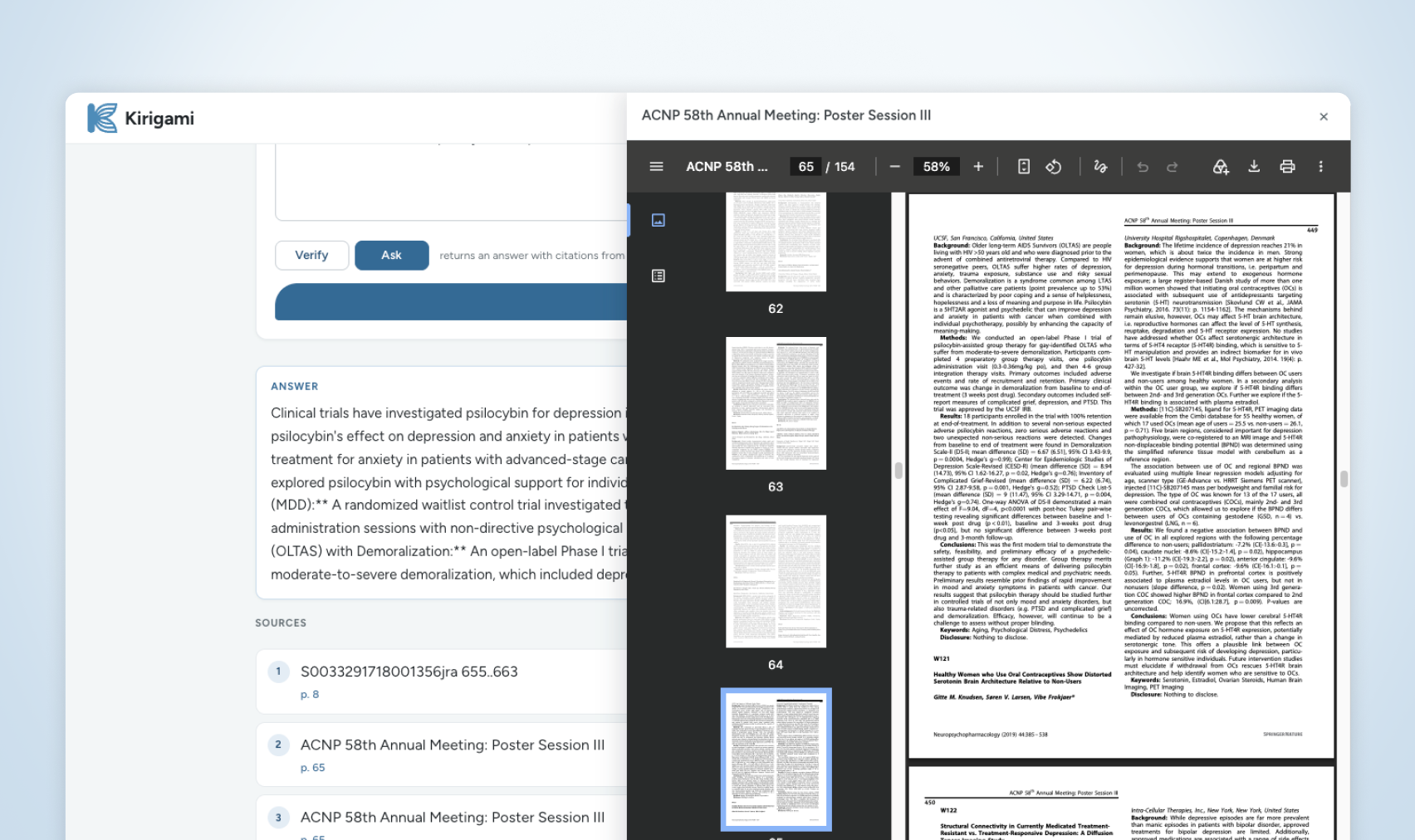 A citation opened from the answer, with the source paper showing the page it came from.
